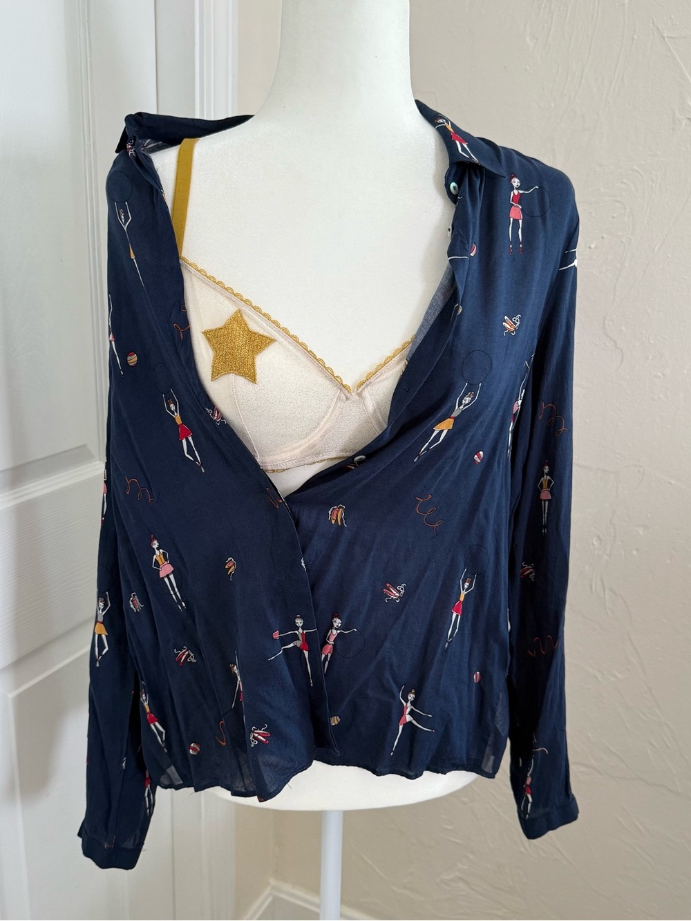 Zara Navy Button-Down Shirt with Red & Yellow Accents
